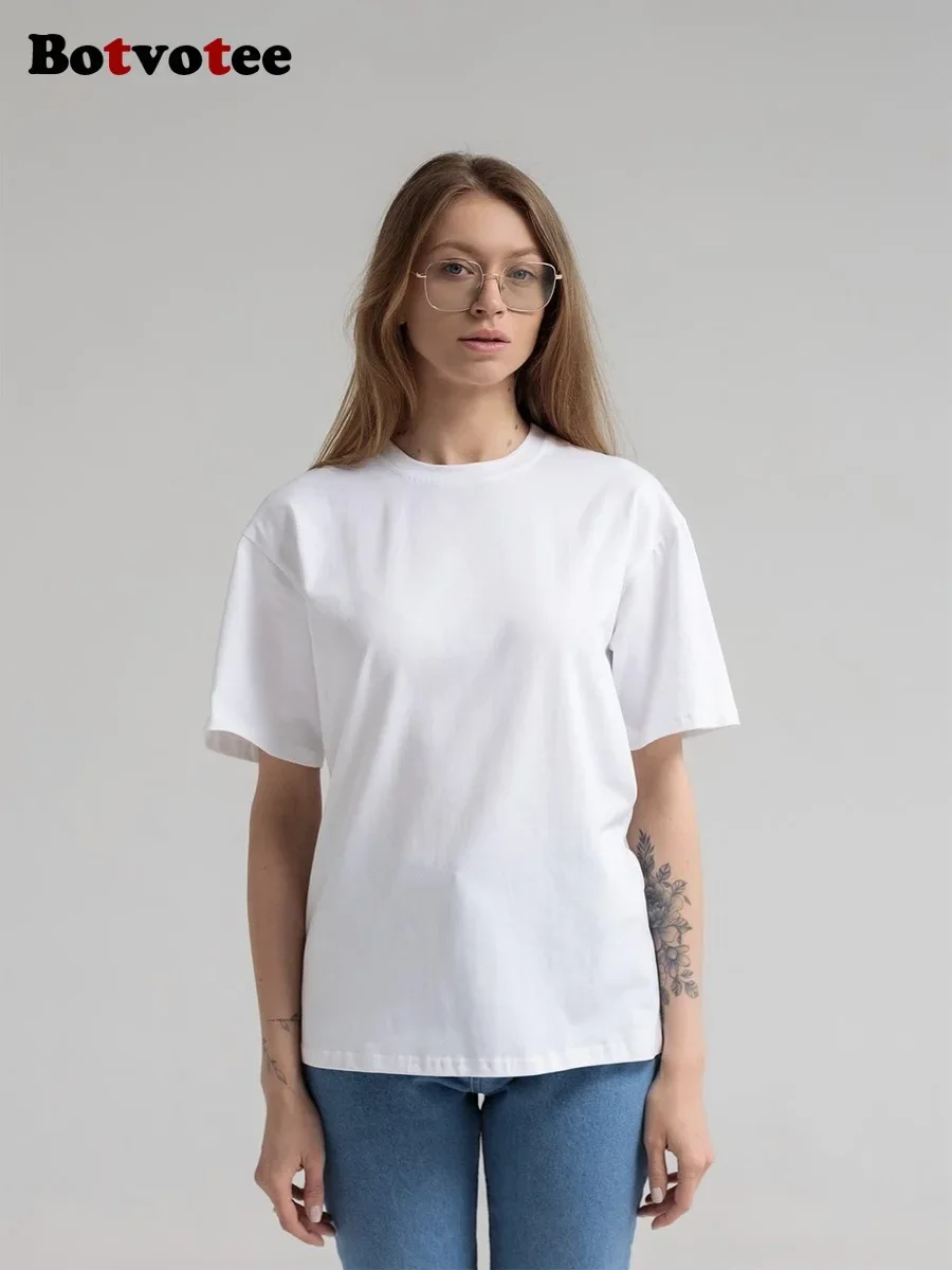 Botvotee 21 Colors 100% Cotton Brown Summer Oversized Basic Soild T Shirts for Women Ins Fashion Black Pink T-shirt Casual Tops