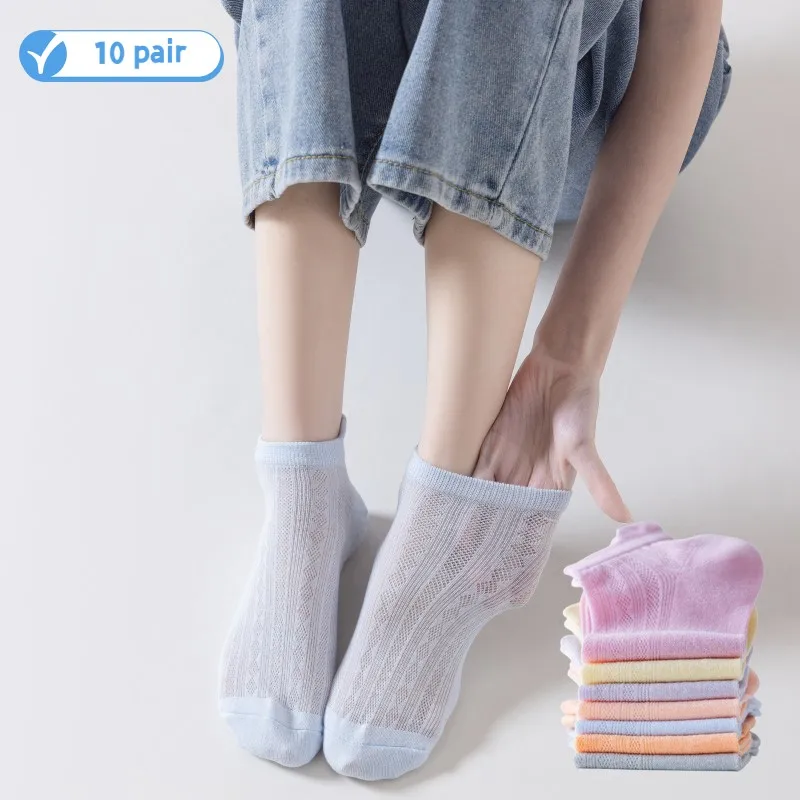 10 Pair Women'S Summer Ankle Socks Breathable Mesh Socks Thin Non-Slip Pure Cotton Boat Socks For Woman