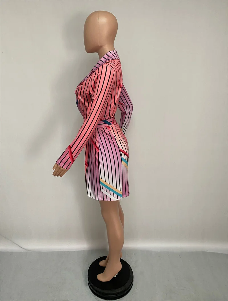 Indie Striped Multicolor Blazer Dress with Free Metal Buckle Belt Women Plus Size Mid-Length Dress Style Casual Office Blazer