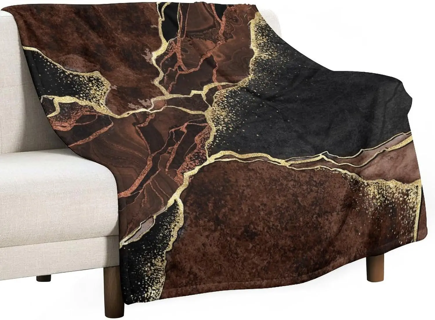 Brown Black Marble Gold Foil Vein Abstract Print Flannel Throw Blanket Soft Warm Sofa Bedroom Luxury Modern Home Decor Gift