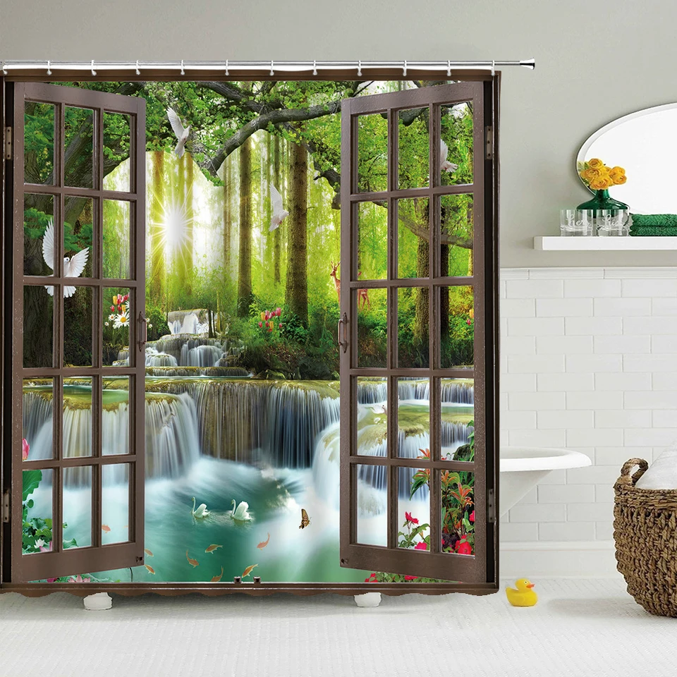 Bath Curtain 3d Printing Window Scenery Forest Shower Curtains 180*200cm Waterproof Bathroom Curtain Washable Fabric With Hooks