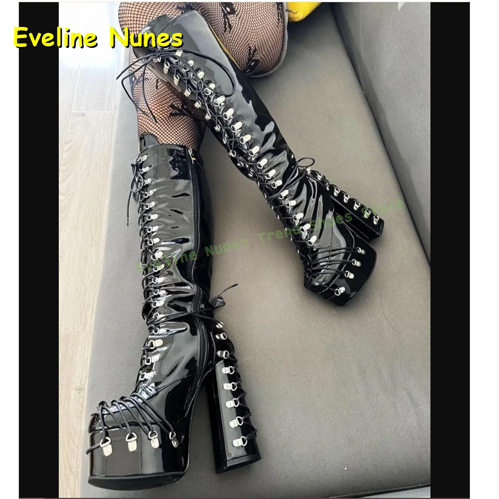 Cross Tied Platform Punk Motorcycle Boots Round Toe Thick Sole Zipper Closure Patent Leather Couple Knee High Boots Y2K 2025