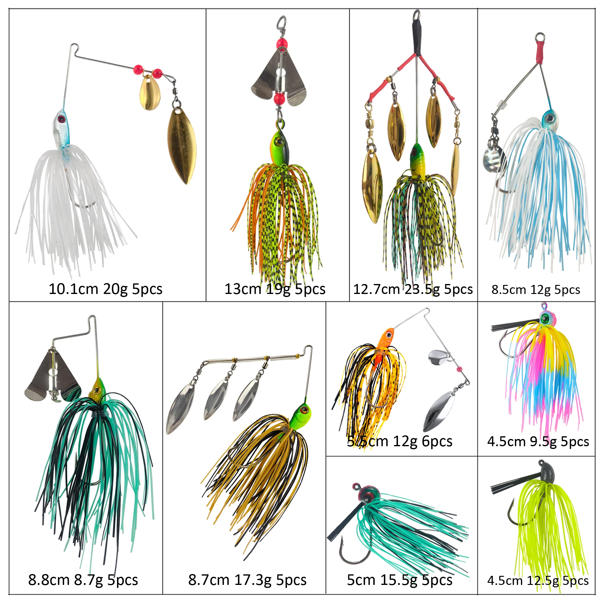 Zestaw przynęt wędkarskich FREE FISHER Buzzbaits, metalowe błystki z łopatkami, przynęty jigowe z gumowymi spódniczkami, hałasujące spinnerbaity na pstrągi