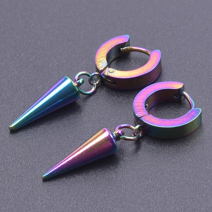 Longer Pointed Cone Pendant Earring Stainless Steel Hoops Earrings For Women Men Accessories Black/Rainbow/Silver/Gold Color