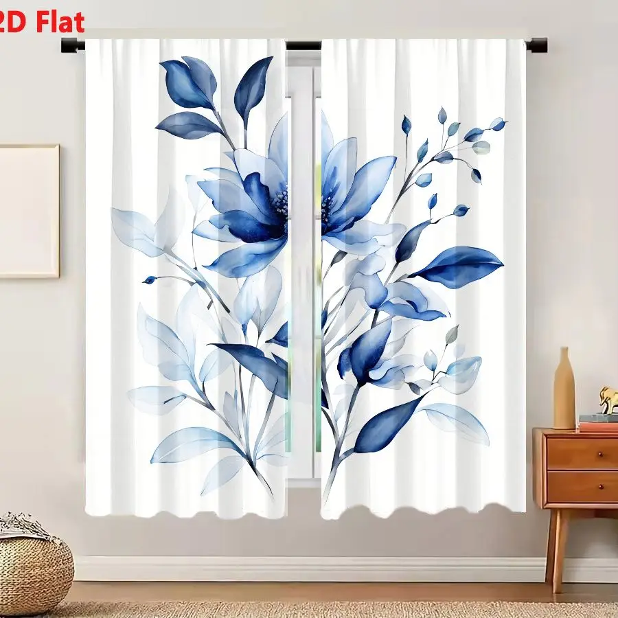 2Pcs Curtains 2D Flat Watercolor Blue And White Floral Arrangement Illustration With Large Center Blue Flower And Smaller Blooms
