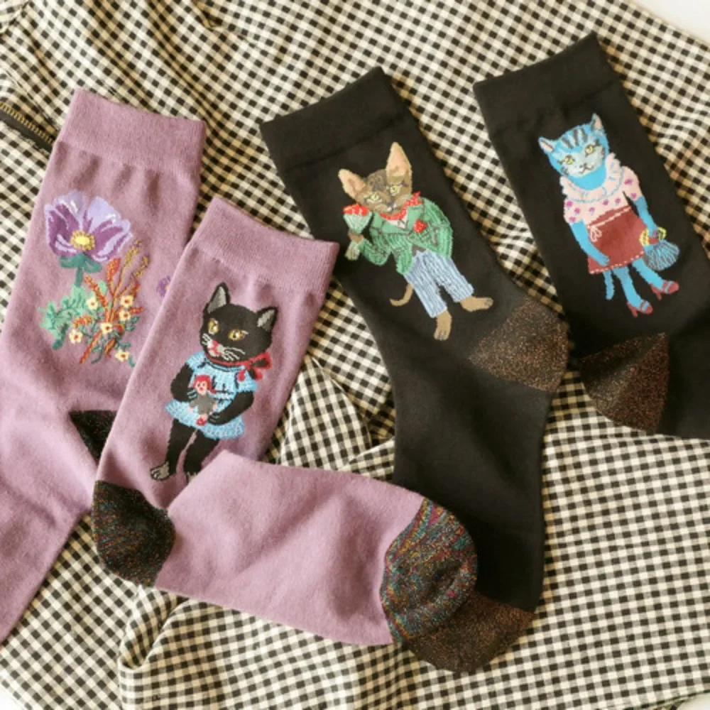 Cute Women Short Cotton Socks for Girl  Autumn Fairy Tale Animal New Product Personality Jacquard AB Sock Chaussettes Femmes 스타킹