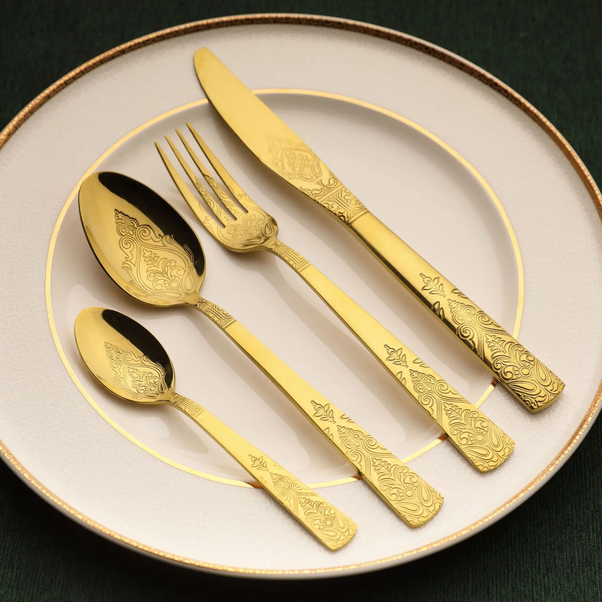 

Golden Flower 410 Stainless Steel Mirror Dinnerware Set Retro Palace Cutlery Tableware For Kitchen Steak Knife Fork Coffee Spoon