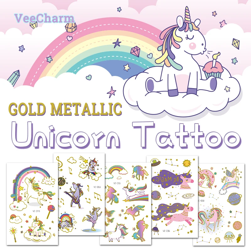 

VeeCharm - Unicorn Temporary Tattoos for Kids, Cute Cartoon Design with Gold Metallic, Ideal for Party Favors, 1/12/14 Sheet