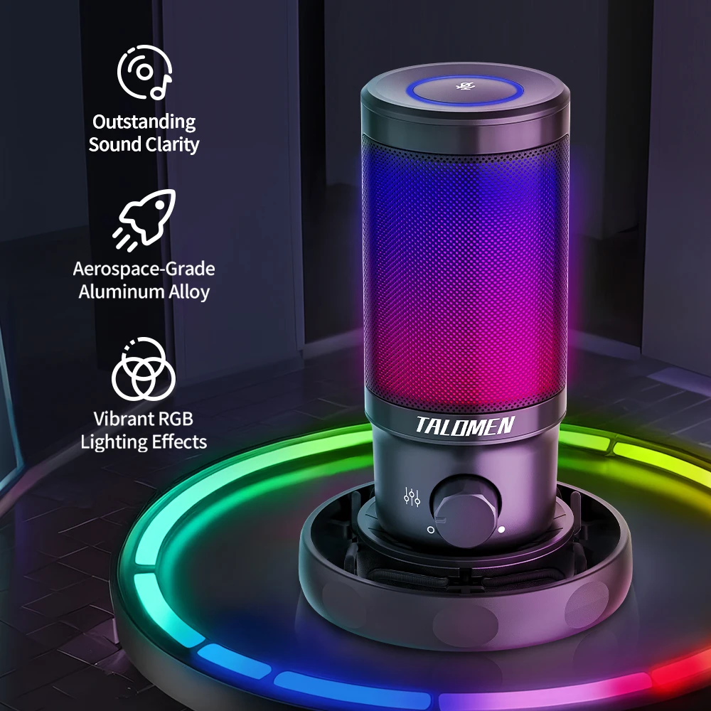 Microfono da gioco USB talomen per PC, PS4/PS5, microfono a condensatore RGB con muto rapido, controllo del guadagno, F8