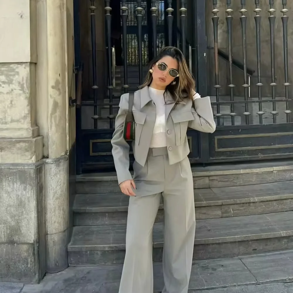 2024 Autumn Casual Women Solid Suits Fashion Streetwear Pockets Turn-down Collar Short Jackets+Chic Wide Leg Pants