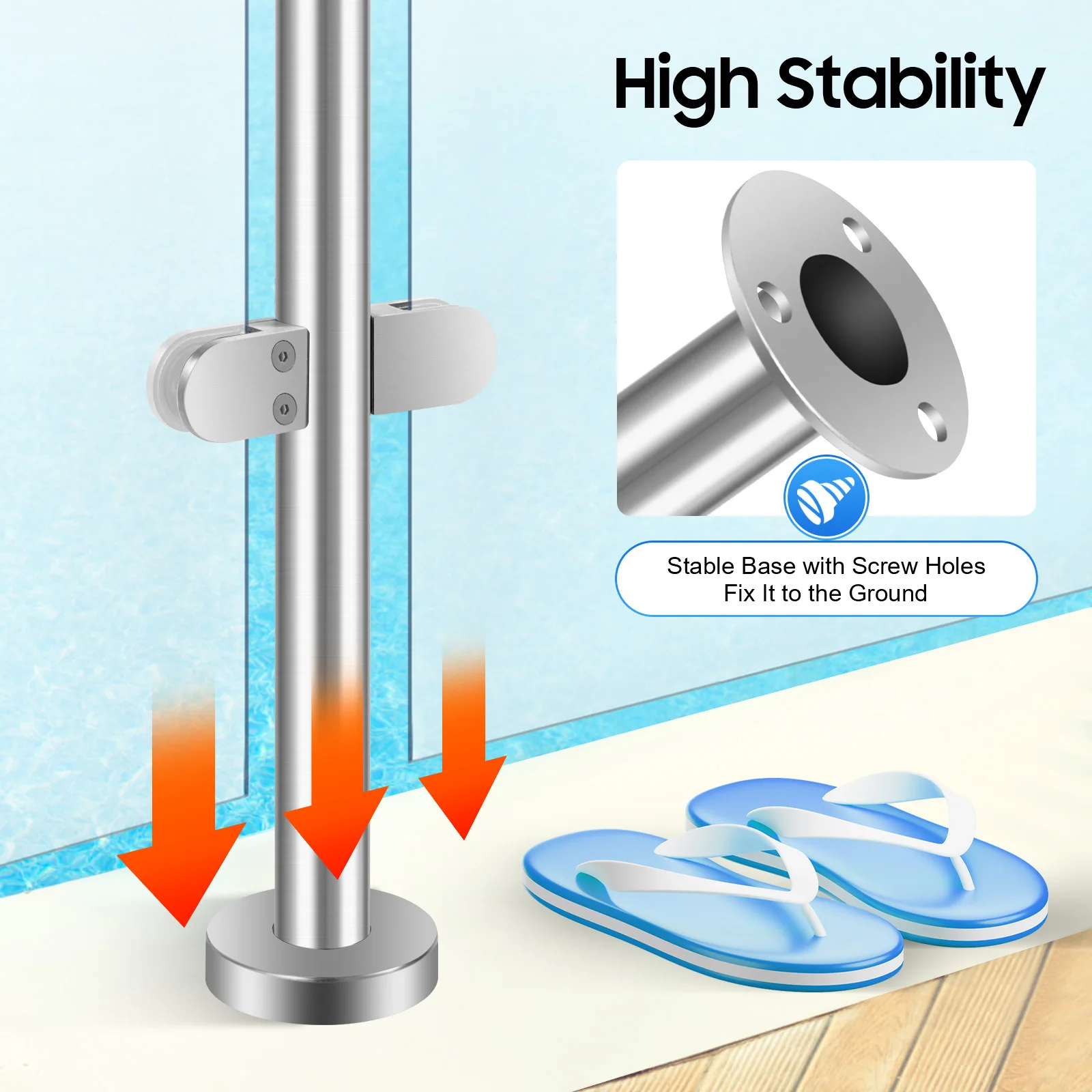 เสาราวบันไดกระจก SS ขนาด 90 ซม. - เสารางกลางบันไดและดาดฟ้า |   แคลมป์ป้องกันสนิม การตั้งค่า 10 นาที