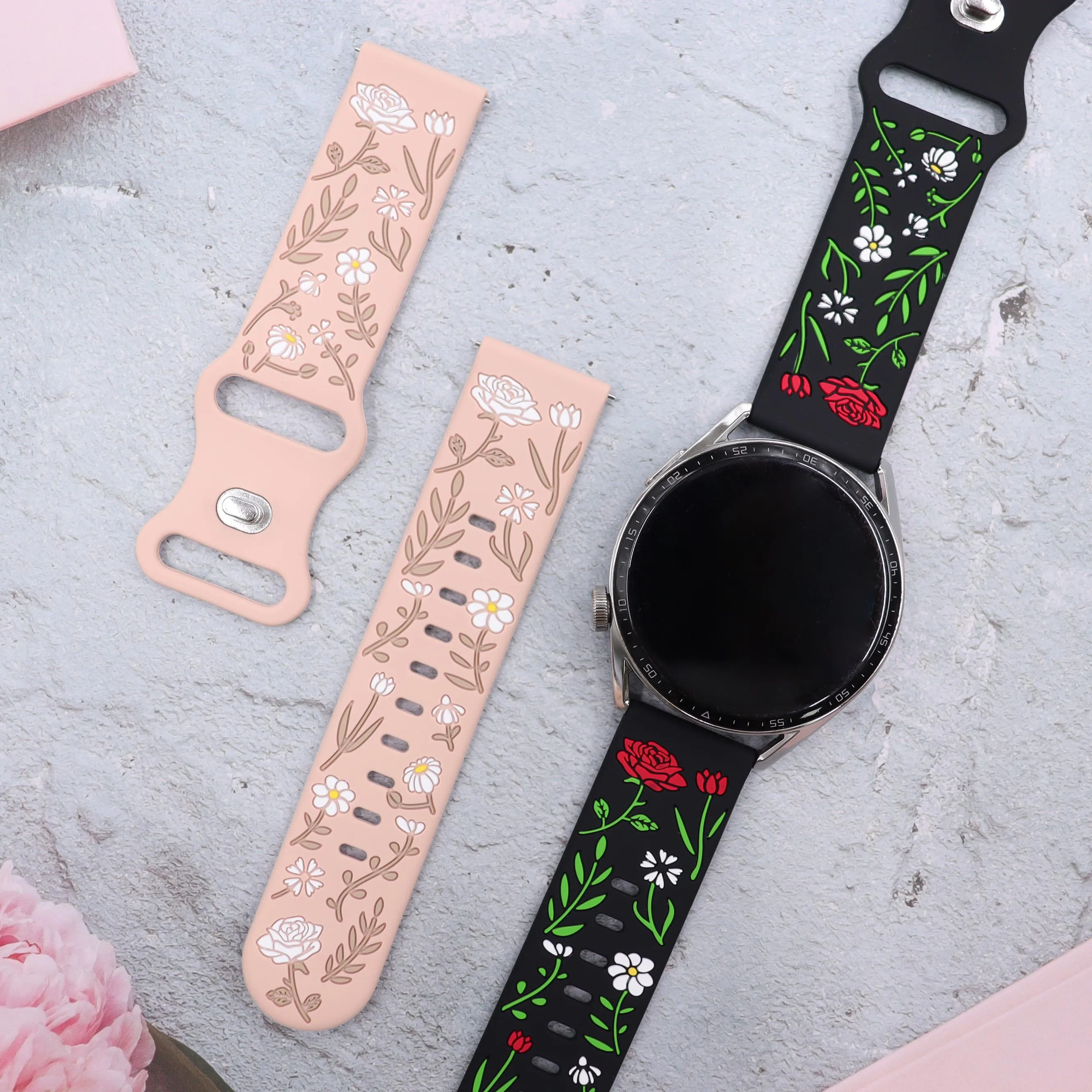 18mm 20mm 22mm Carvings Strap for Samsung Galaxy watch 7 6 5 4 40MM 44MM Silicone Strap For Garmin Venu 3/3s/2/2s For Huawei