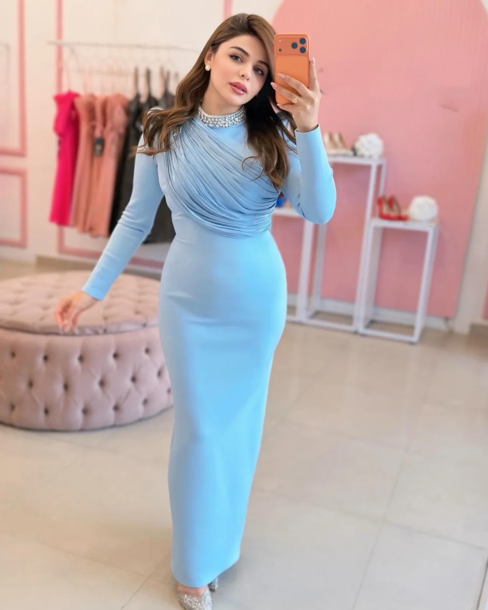 

Customized Formal Women Jersey Rhinestone Ruched Sheath Evening Dresses Elegant High Collar Long Sleeves Ankle Length Dresses