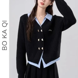 Spring and Autumn Polo Collar Fake Two Piece Knitted Sweater Women's Loose Embroidered Short Cardigan Sweater Coat New Sweaters