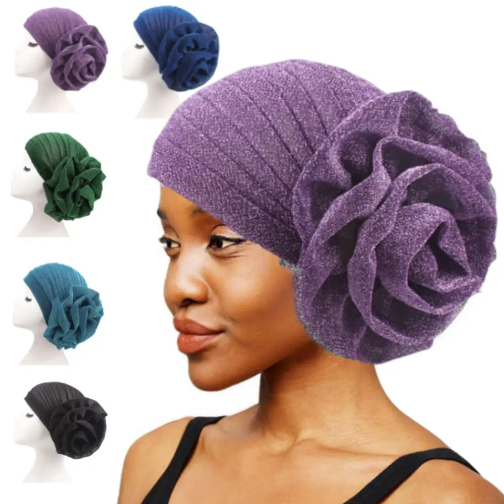 Raw Silk African Turban Caps Big Rose Flower Headwear Nigerian Wedding Geles Lightweight Breathable Bonnet Party Headgear