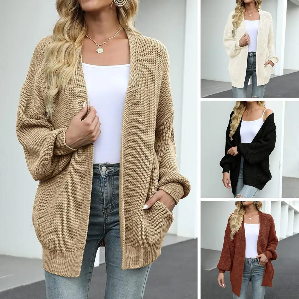 Women Sweater Jacket Stylish Women\'s Autumn Winter Lantern Sleeve Cardigan Solid Color Knitting Coat for Streetwear Fashion