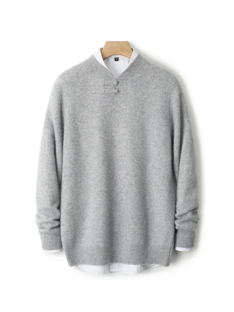 TLOML メンズ 100% メリノウールニットウェア レトロモックネックボタンウールプルオーバーセーター ソフトで暖かいカシミアセーター 中国風トップ