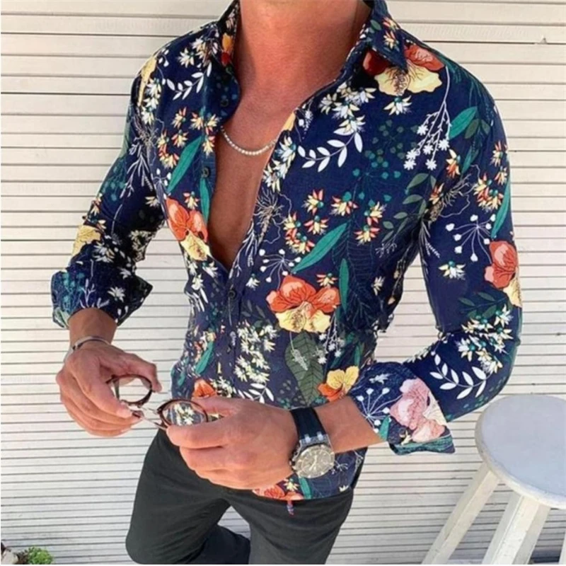 

Hawaii Shirts Flower Print Mens Long Sleeve Camisa Holiday Party Tops Oversized T-Shirt For Men Leopard Harajuku Camisa Lapel