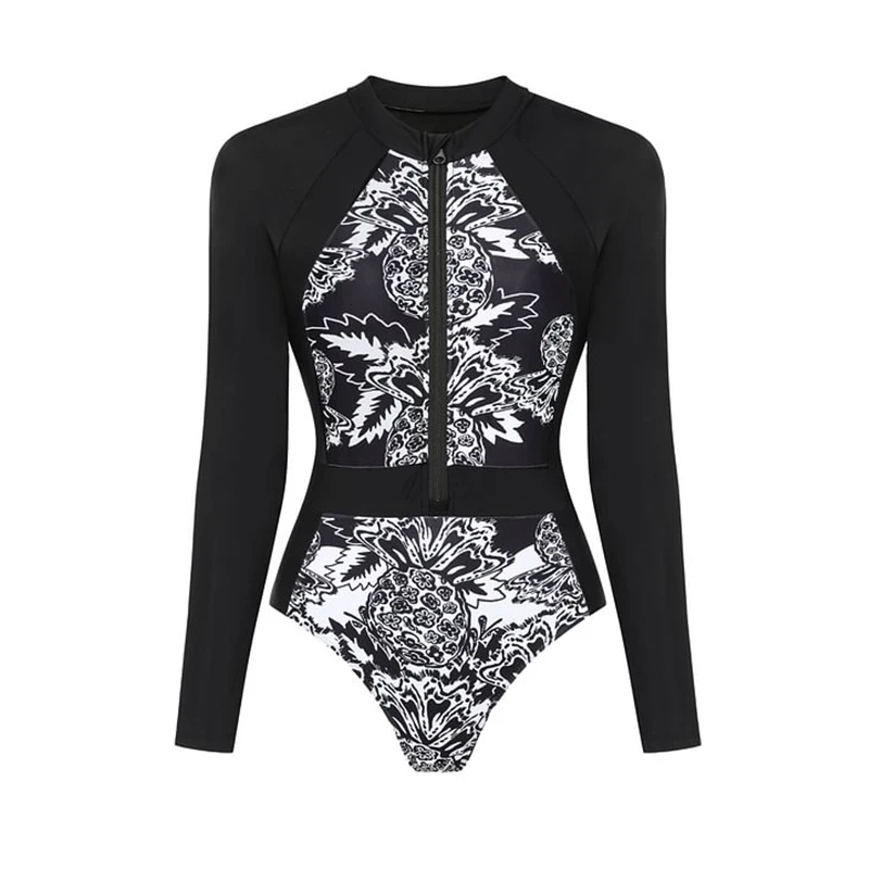 Surfing Sport Swimsuit Color Block Printed Long Sleeve One Piece Surf Swimsuit and Skirt Monokini Bathing Suit Bodysuit