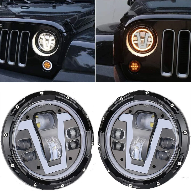 

7 inch LED Headlights 7 inch with Halo Ring Amber Turn Signal V Type White DRL Hi/Lo Beam for JK CJ TJ JKU Hummer H1 H2