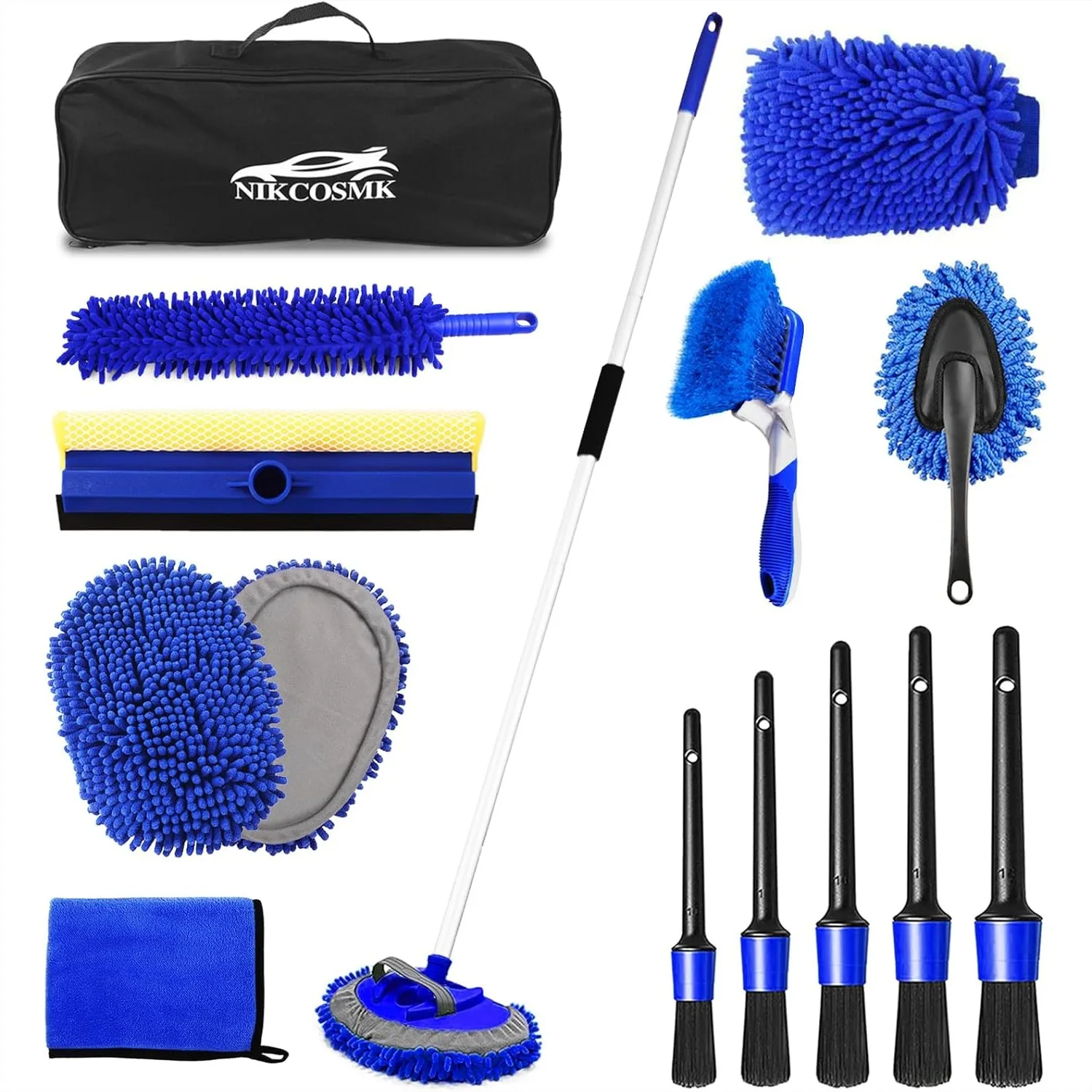 

17Pcs Car Wash Brush Kit With 62Inch Long Handle, Chenille Scratch-Free Replacement Head, Windshield Squeegee, Car Duster, Detailing Brushes, Microfiber Towel, Mitt, Organizer Bag For Cars RV Truck SUV