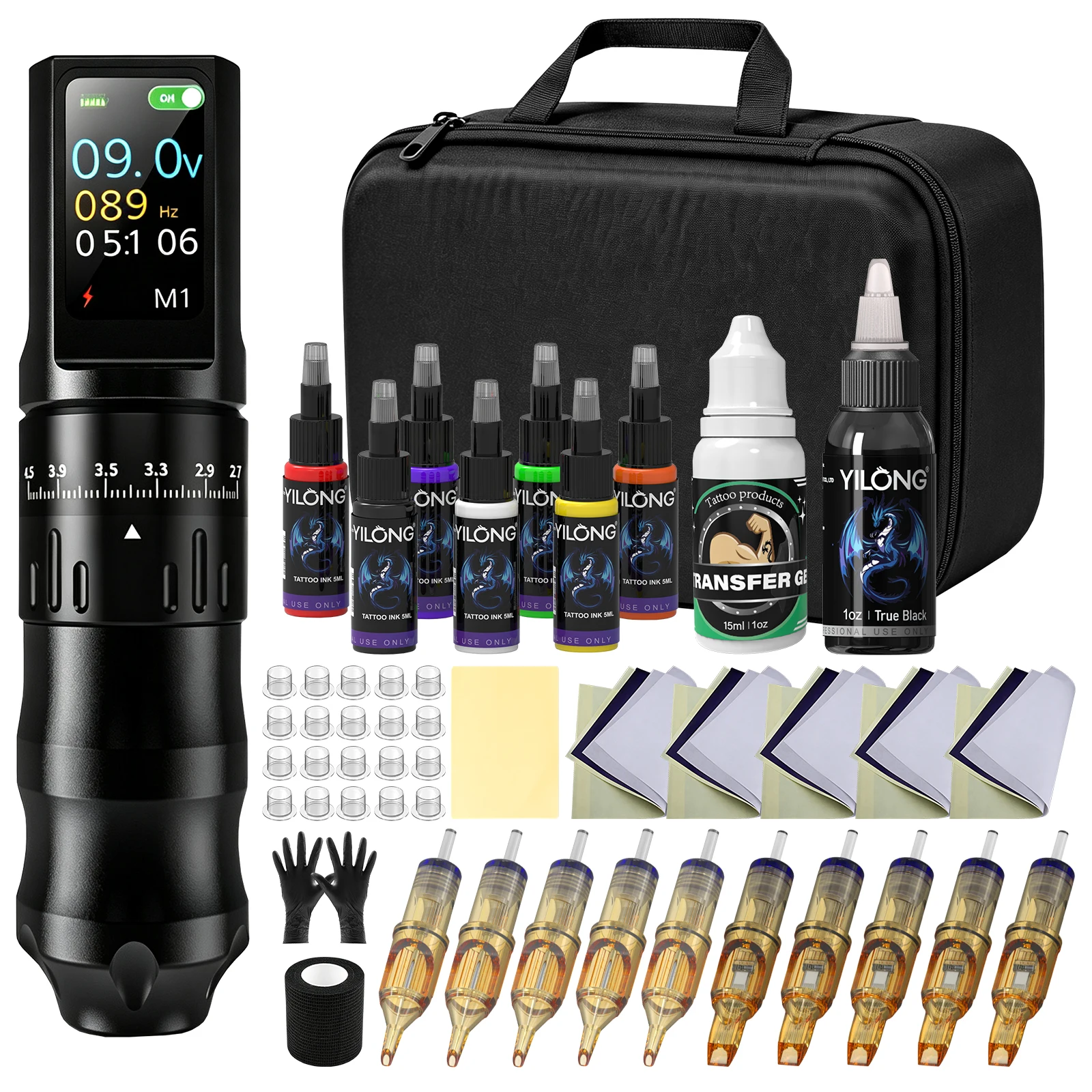 YILONG Adjustable Stroke Wireless Tattoo Pen Kit Rotary Tattoo Machine Color Display Complete Tattoo Set For Artists Beginners
