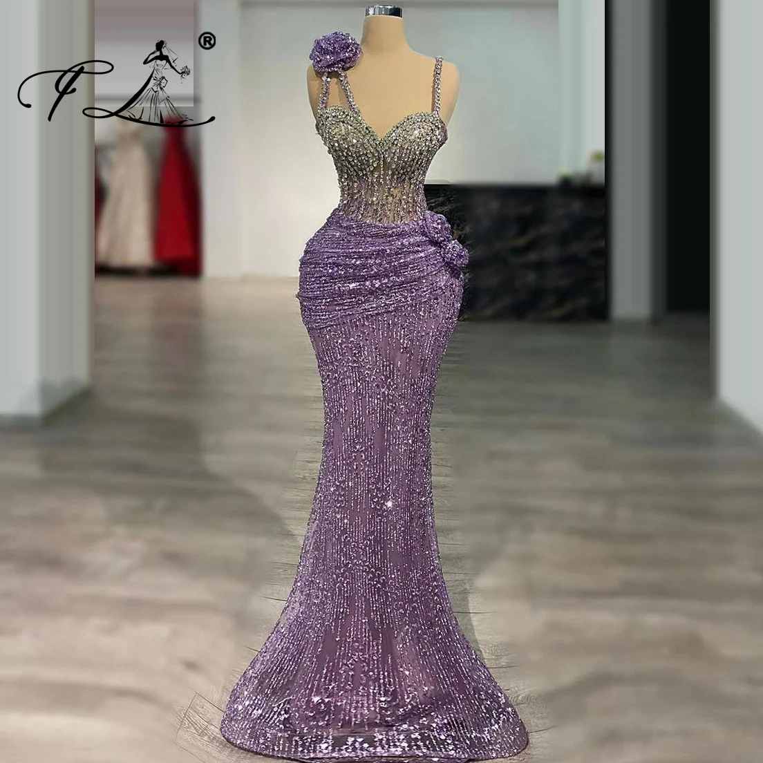 Floria Sexy Sweetheart Neck Mermaid with Flower Sequins Crystals Beaded Evening Dresses for Formal Ball  فساتين سهرة  Customize