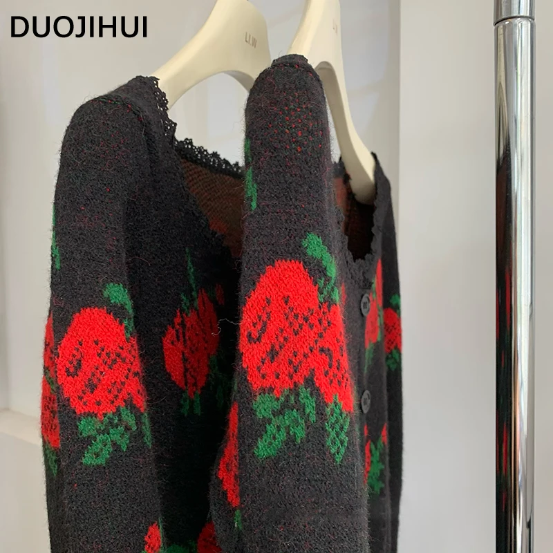 DUOJIHUI Vintage Square Neck Chicly Floral Women Cardigan French Autumn New Sweet Fashion Single Breasted Simple Female Cardigan