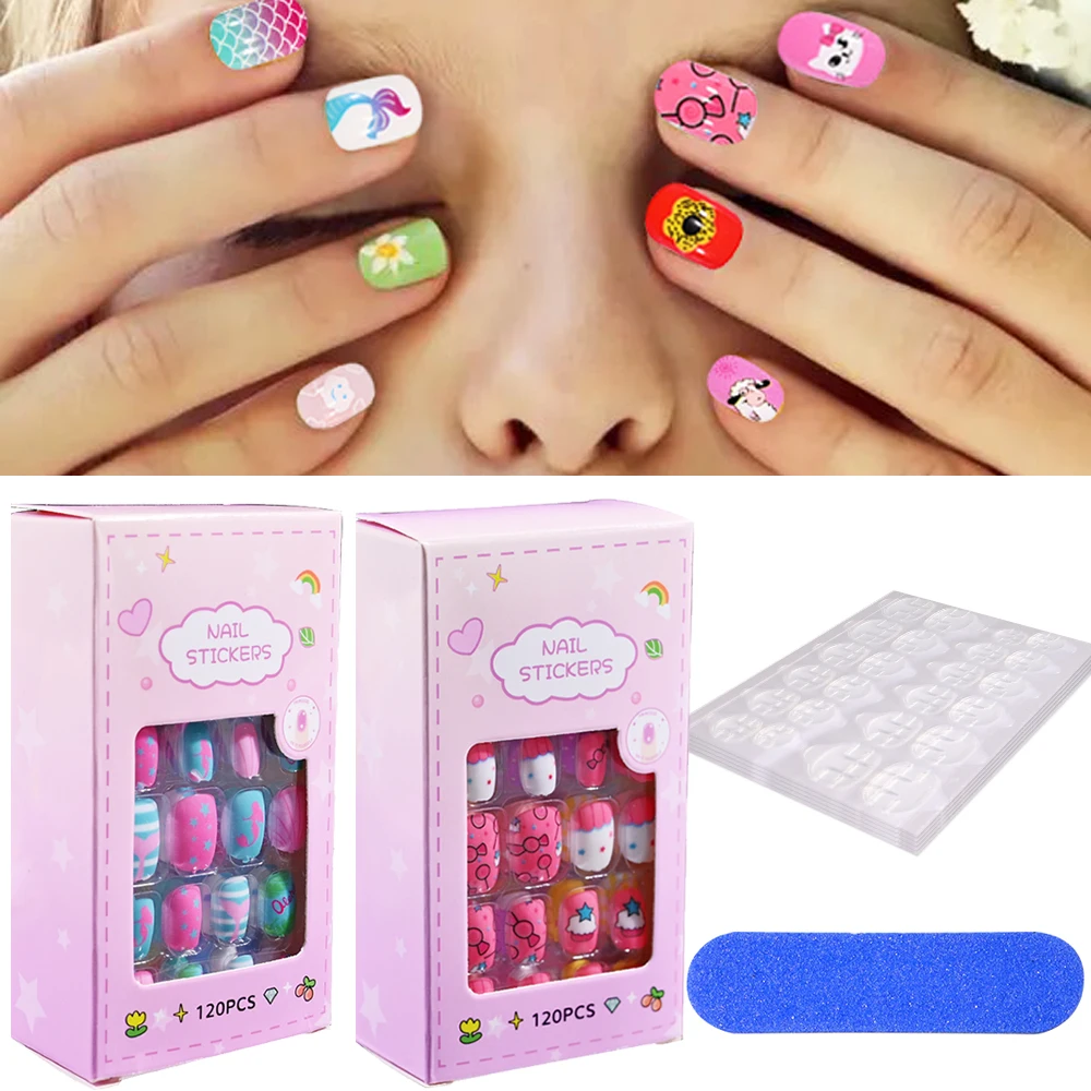 120 Pieces Children False Nails Kids Girls Mermaid Press on Short Artificial Fake Nails Cute Full Cover Acrylic Nail Tip Gifts