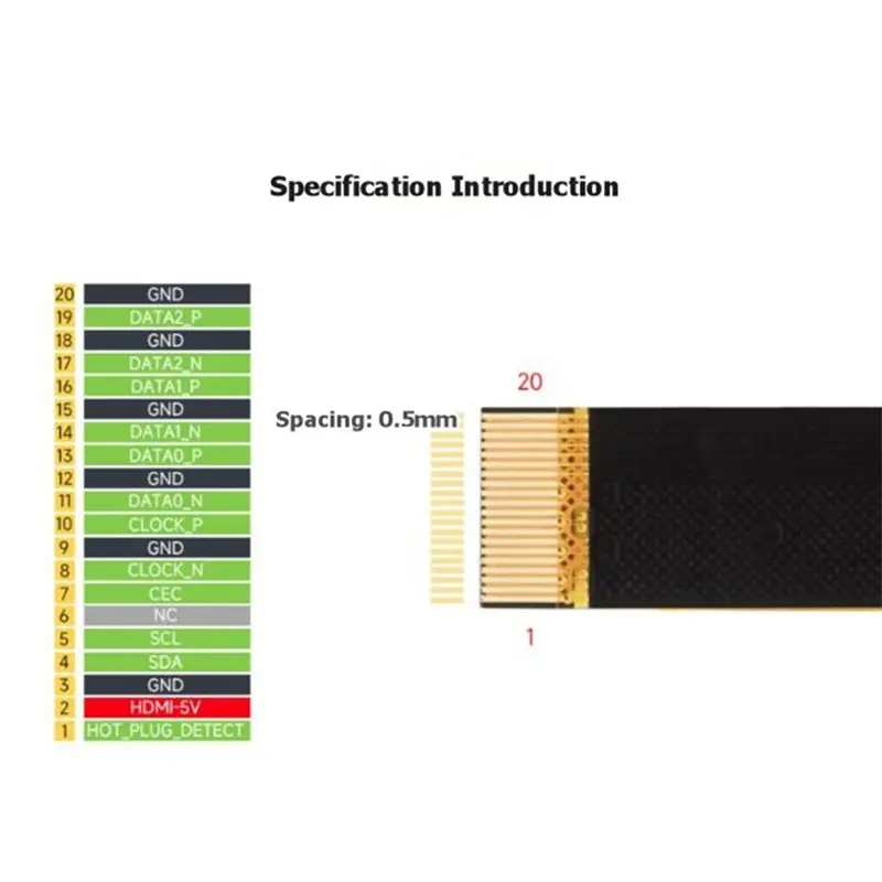 DTA5 20PIN FPC Flexible Flat Cable 0.5mm Pitch EMI Shielding Ribbon Wire for Raspberry Pi Display Connector Replacement 60mm