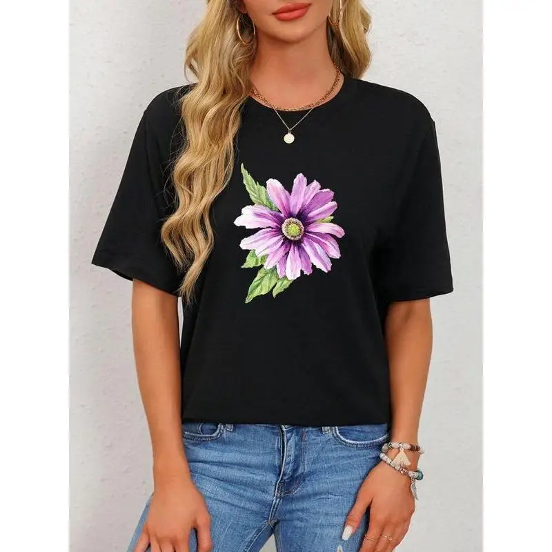 

Purple Daisy Flower T-shirt Botanical Graphic Tee Floral Print Crewneck Short Sleeve Casual Top for Women
