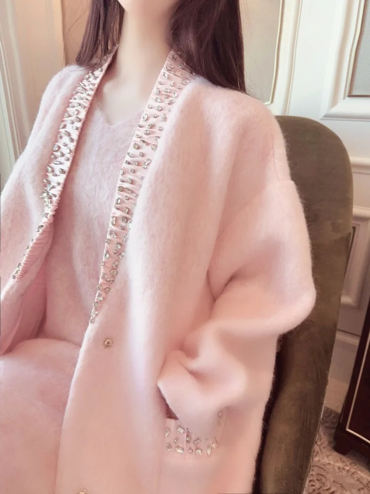 

Ele Winter Woolen Jaet Women's Comfortable Fce Lined round Dance Sle Pink Sequin Knitwear Coat Long Sve V Ne
