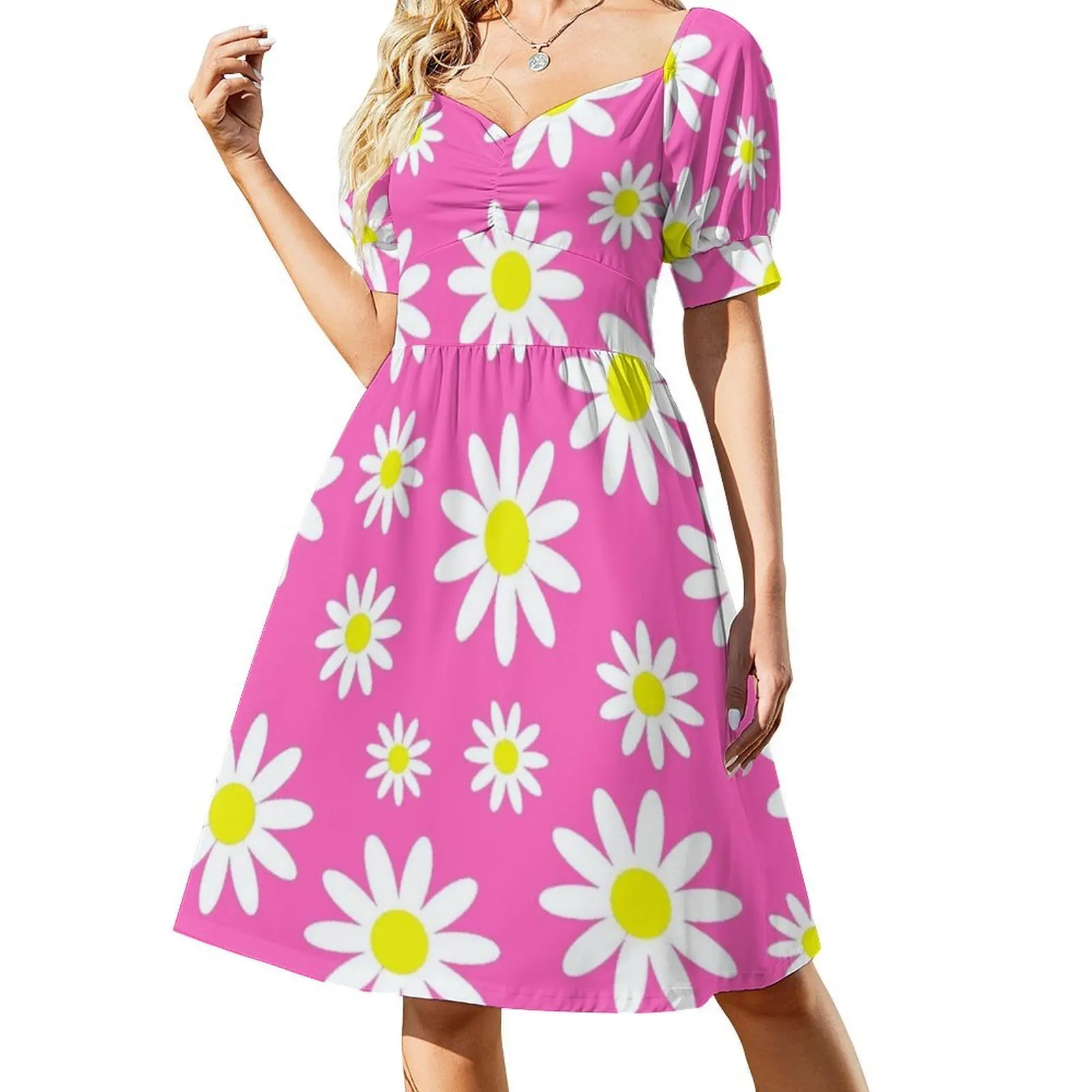 الوردي الإقحوانات ديزي الأزهار البوهيمي فستان بلا أكمام متعدد طباعة شاطئ عطلة فستان الحفلات الوردي الإقحوان ديزي الأزهار ديزي