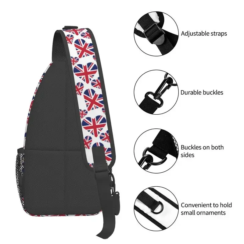 Serce flagi brytyjskiej Torba na ramię Moda męska Wielka Brytania Wielka Brytania Dumny plecak na ramię na klatkę piersiową Crossbody Kolarstwo Camping Daypack