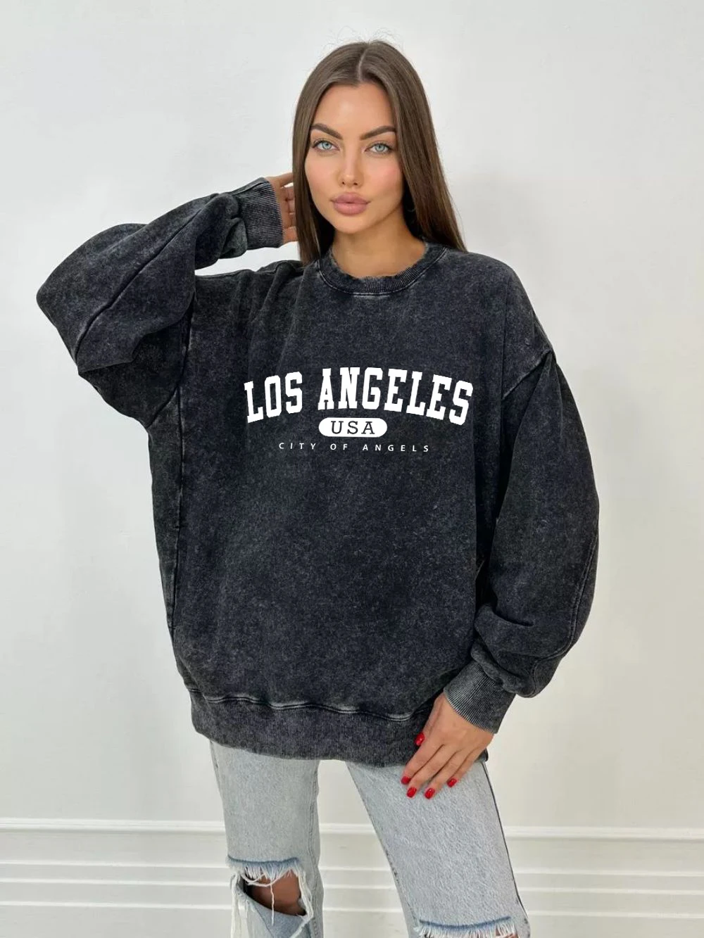 Fashion Woman Washed Sweatshirt Los Angeles Usa City Of Angels Prints Hoodie Oversize Cotton Pocket Pullover Female Casual Tops