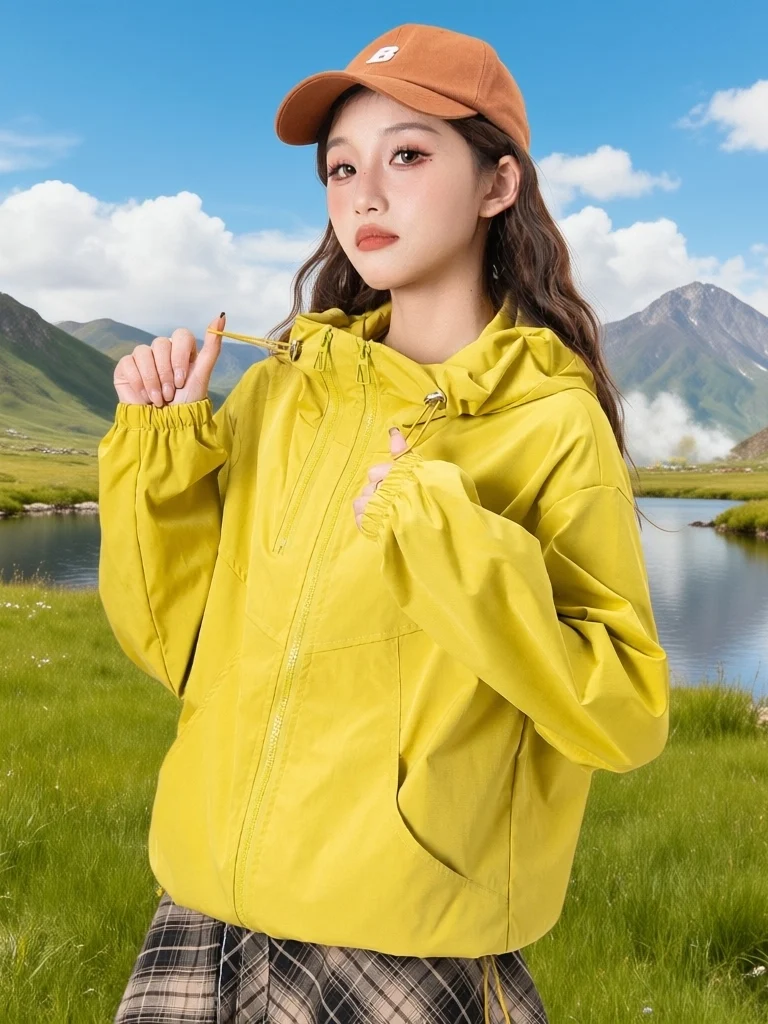 Women's Short Loose Fit Jacket Double Layer Fashionable Hooded Thin Style Breathable Windproof Casual Zipper Decorated Coat