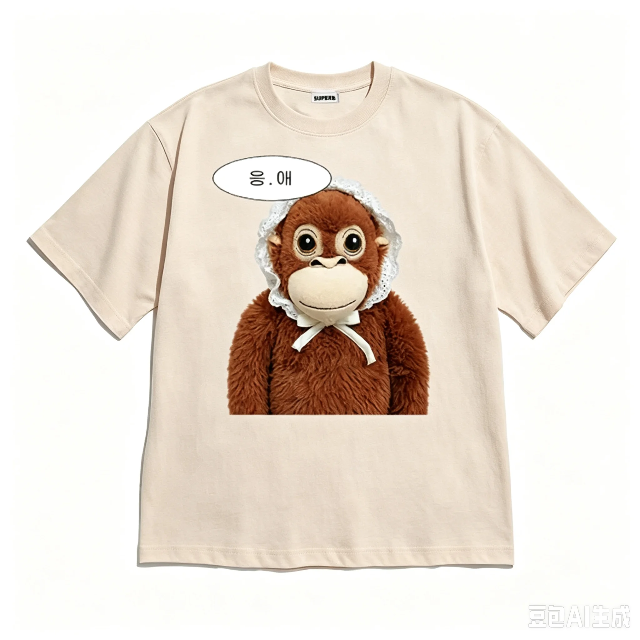 Cute Lace Bonnet Plush Monkey Korean Text Meme T Shirt Unisex Loose Oversized Harajuku Streetwear Cotton Summer Graphic Tee