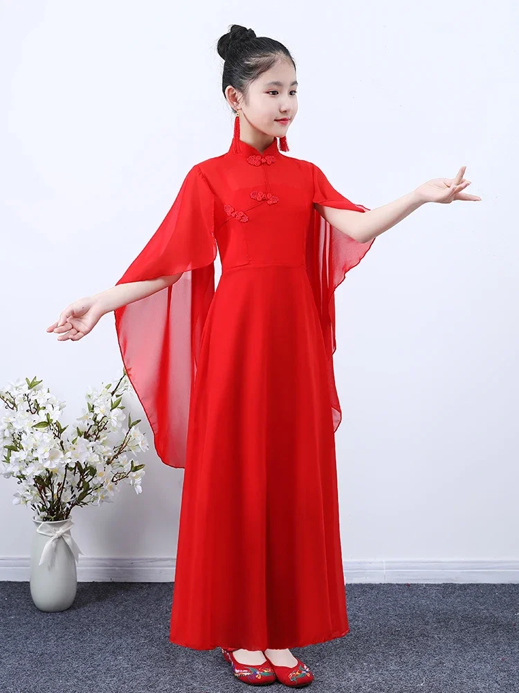 Traje de performance infantil guzheng hanfu, traje clássico tradicional antigo para meninas, nacionalidade, piano folclógico de dança, vestido de palco