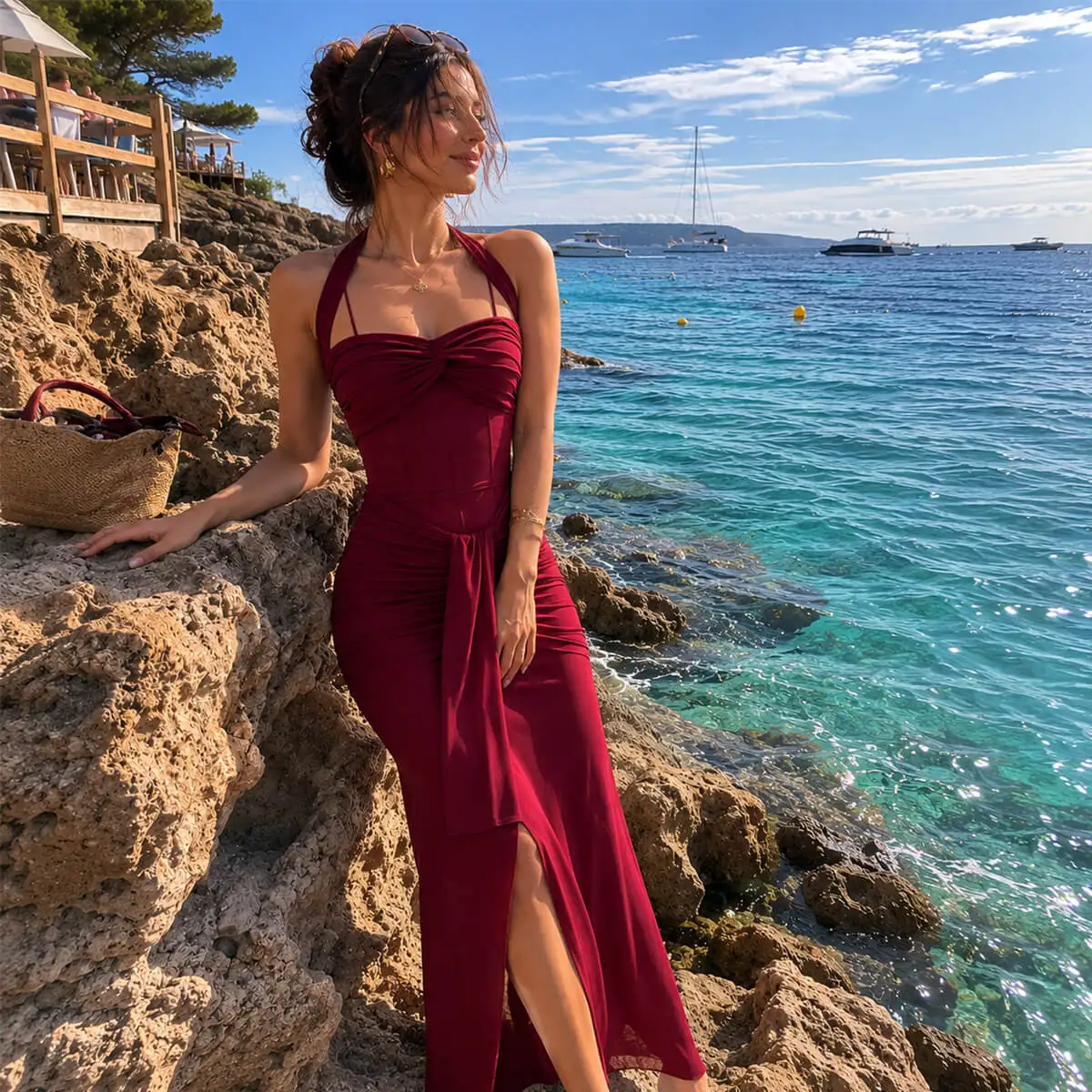 Vestido de Noite Halter Borgonha Feminino Elegante com Drapeado Maxi Sem Mangas Fenda Alta Vestido Formal para Convidada de Casamento e Festa