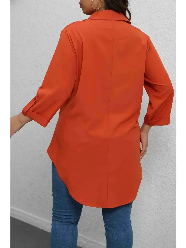 Grande taille 1XL-5XL mode femmes col rabattu manches enroulables Blouse dames boutonné décontracté Chic couleur unie chemise haute