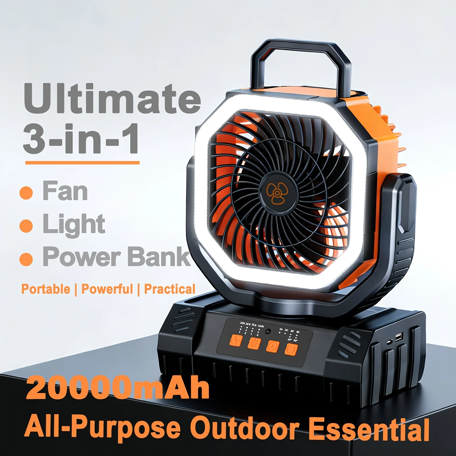 

20000Mah 3-In-1 Fan Light Power Bank for Indoor And Outdoor Camping, Featuring 4 Wind Speeds, Adjustable LED Brightness, Multi-A