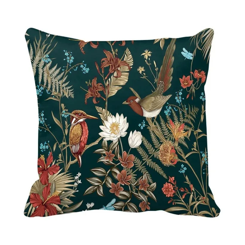 Vintage Botanical Rabbit 3D Pillow Cover, William Morris Style Floral Print Polyester Cushion Case, Dark Green Forest Themed Hom