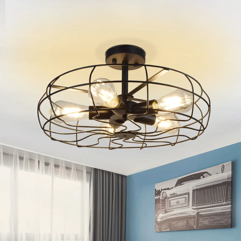 

Depuley 19 Inch Vintage Industrial Ceiling Light Retro Metal Cage Semi Flush Mount Ceiling Light Fixture for Kitchen E26 40W