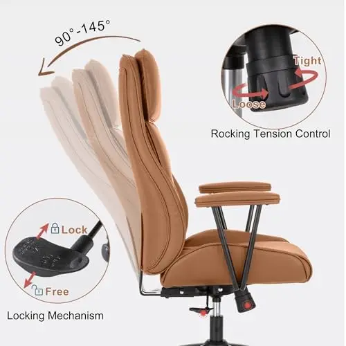 High Back Office Chair, Ergonomic Reclining Swivel Chair, Brown Leather with Lumbar Support