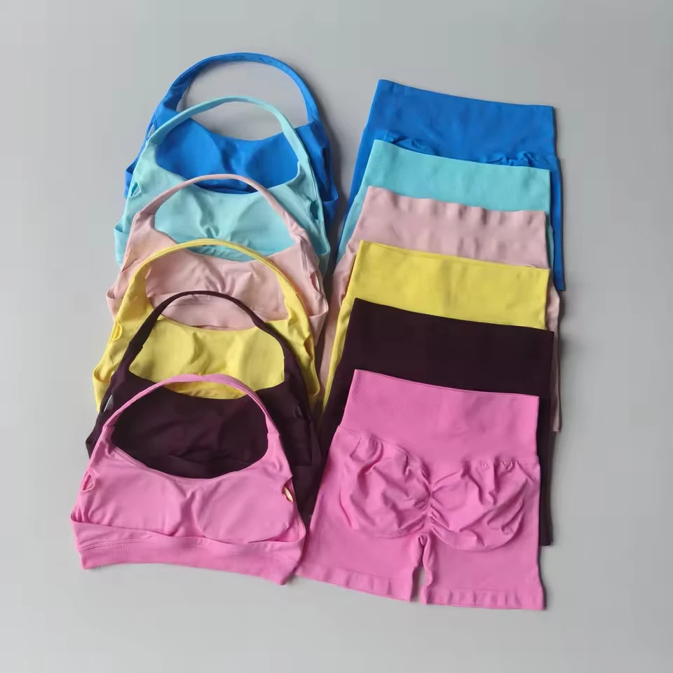 2Pcs Peach High Waist Belly Hip Lifting Sports Bras Shorts Suit Gathering Shock-proof Neck Halter Yoga Suit Running Fitness Set