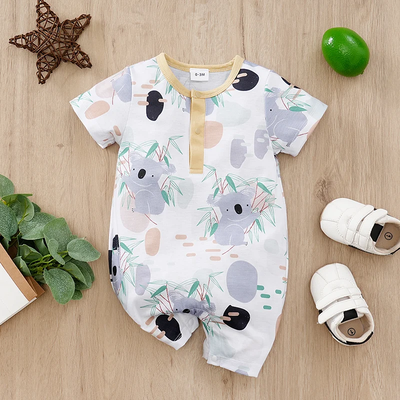 Summer casual new short sleeved round neck design clothes Cartoon bamboo leaf koala pattern print White minimalist baby jumpsuit