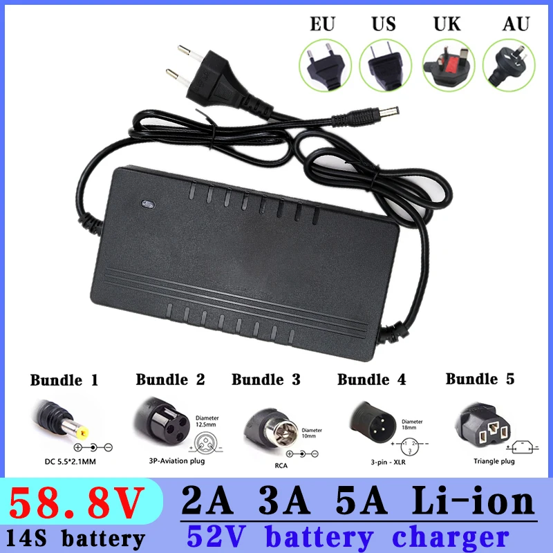 52V 2A 3A 5A Electric Bike Lithium Battery Charger for 58.8V 2A 3A 5A Electric Scooter Charger Hoverboard Balance Wheel Charger