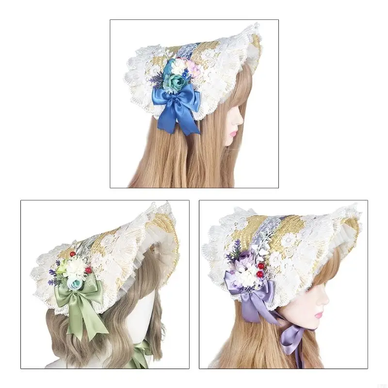 

49MF Handmade Straw Hat Lace Trim Ribbon Tea Party Flower Cosplay Hairband
