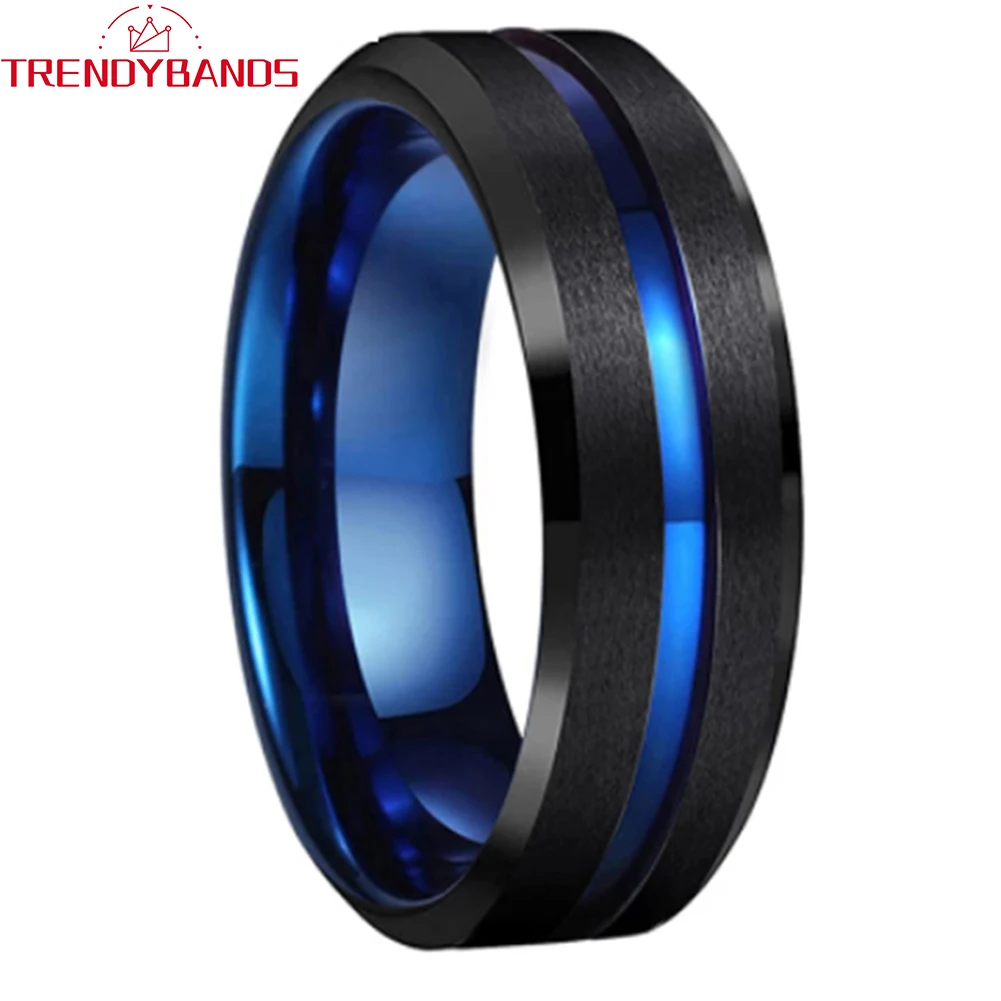 

8mm Black Blue Tungsten Carbide Rings Wedding Band For Men Women Center Grooved Beveled Edges Matte Finish Comfort Fit