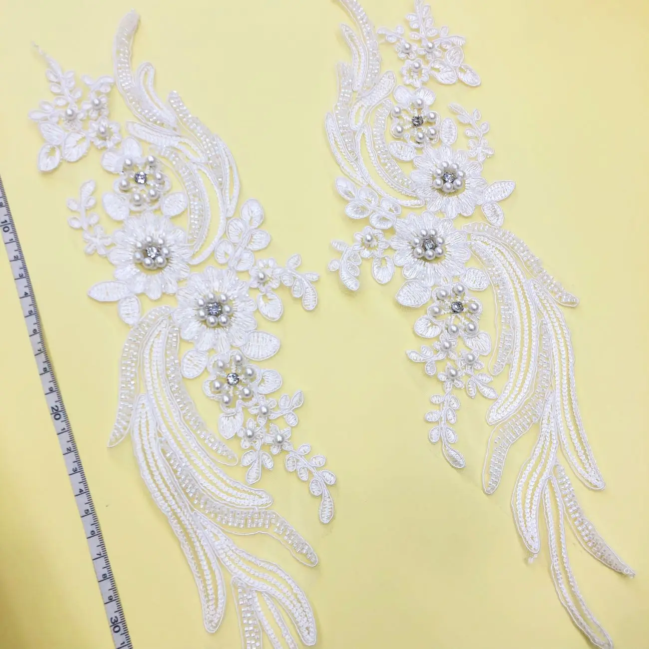 Tulle Embroidery Lace Trim 3D Bead Bugle Trims Pattern-Matched Heavy Hand-Beading Rhinestone Heat Floral Appliqued Material